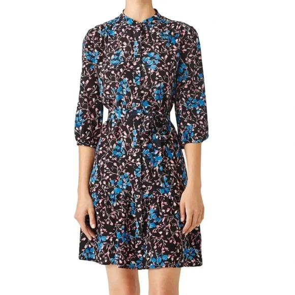 SALONI Dresses & Skirts - Saloni The Tyra Mini Dress Pure Silk Ruffled Drop Waist Floral Black Blue US 12